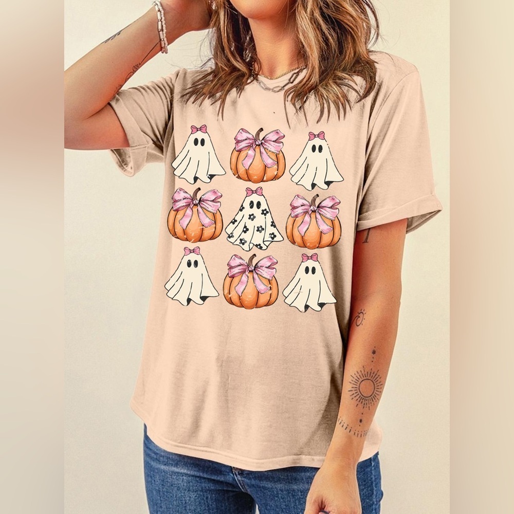 Halloween Bowknot Ghost Pumpkin Graphic T Shirt
